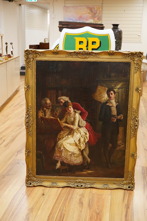 Attributed to Walter Dendy Sadler (1854-1923), ‘Une edition de Luxe’, oil on canvas, unsigned, relined, 90 x 69cm, ornate gilt frame